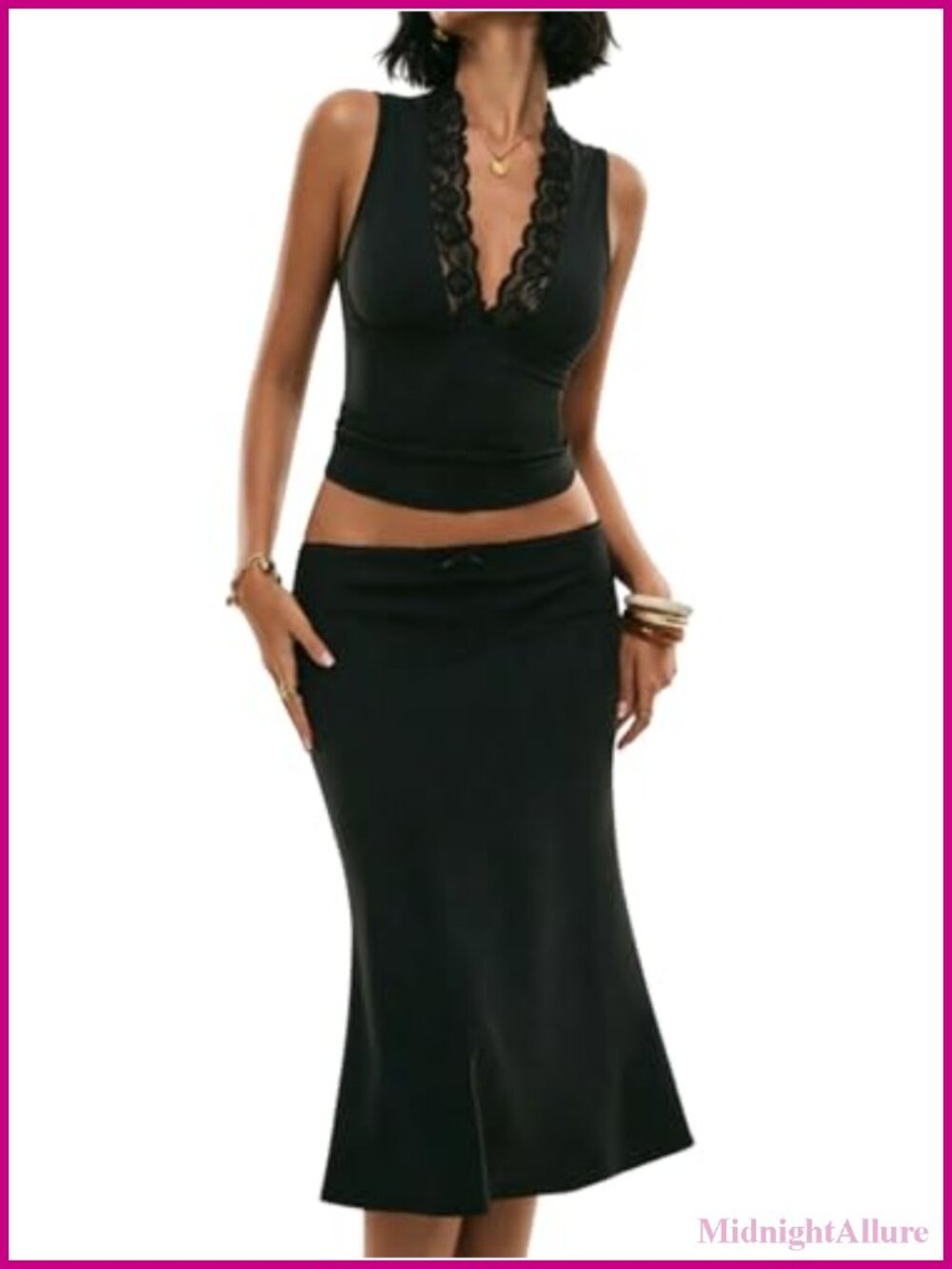 2 Piece Lace Skirt Set V Neck Sleeveless Midi Skirt